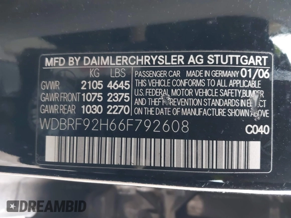 2006 Mercedes-Benz C 280 Luxury with VIN WDBRF92H66F792608, listed as a IAAI auction lot 41386760 with 177,796 mi miles and . Bid and sale history available at DreamBid. Image 9.