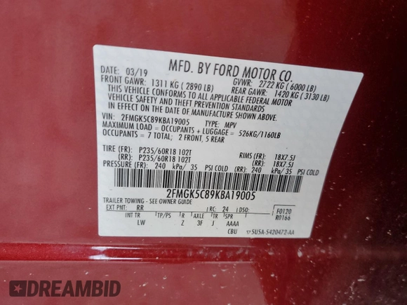 2019 Ford Flex SEL with VIN 2FMGK5C89KBA19005, listed as a Copart auction lot 48515285 with 67,532 mi miles and Non Repairable. Bid and sale history available at carsss.com. Image 14.
