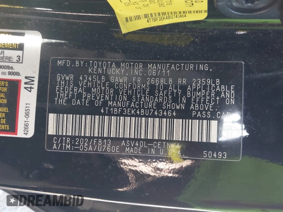 2011 Toyota Camry LE with VIN 4T1BF3EK4BU743464, listed as a IAAI auction lot 42174394 with 267,345 mi miles. Bid and sale history available at carsss.com. Image 9.