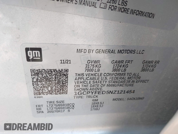 2022 Chevrolet Silverado 1500 LT Trail Boss with VIN 1GCPYFED5NZ121454, listed as a IAAI auction lot 41727229 with 42,302 mi miles and . Bid and sale history available at DreamBid. Image 9.