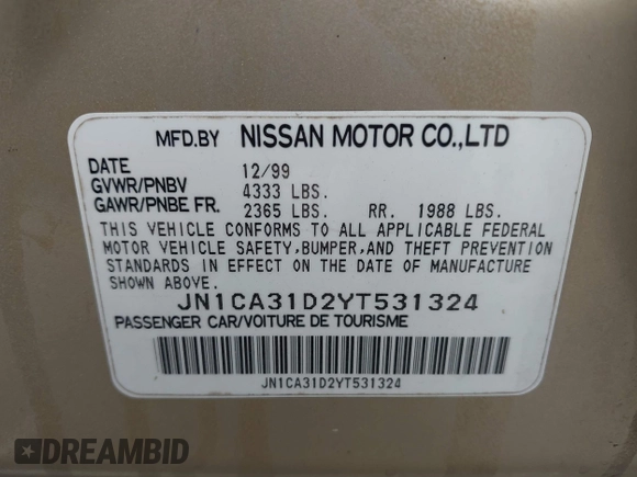 2000 Nissan Maxima GXE z VIN JN1CA31D2YT531324, wystawiony jako IAAI lot #42126970 z przebiegiem 141 864 mil mil oraz . Historia ofert i sprzedaży dostępna na DreamBid. Obrazek 9.