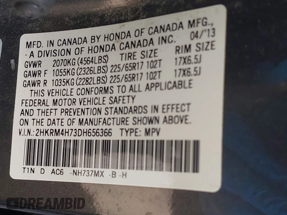 2013 Honda CR-V EX-L with VIN 2HKRM4H73DH656366, listed as a IAAI auction lot 41998244 with 124,864 mi miles. Bid and sale history available at carsss.com. Image 9.