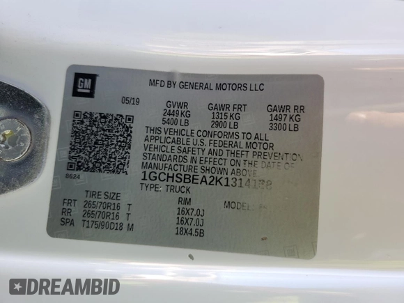 2019 Chevrolet Colorado 2WD Work Truck z VIN 1GCHSBEA2K1314188, wystawiony jako Copart lot #57660775 z przebiegiem 42 768 mil mil oraz Szkoda całkowita • Salvage title. Historia ofert i sprzedaży dostępna na DreamBid. Obrazek 12.