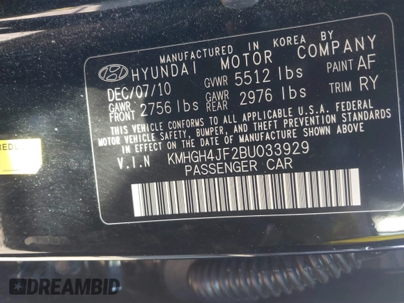 2011 Hyundai Equus Signature with VIN KMHGH4JF2BU033929, listed as a IAAI auction lot 41415879 with 149,149 mi miles and . Bid and sale history available at DreamBid. Image 9.