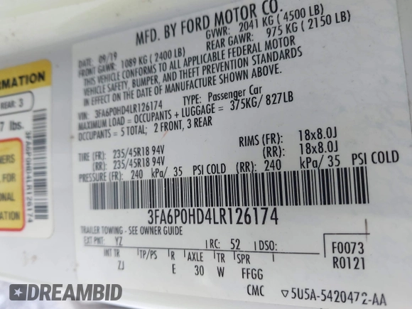 2020 Ford Fusion SE with VIN 3FA6P0HD4LR126174, listed as a IAAI auction lot 41723840 with 123,413 mi miles. Bid and sale history available at carsss.com. Image 9.