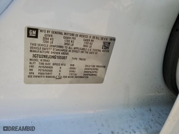 2017 GMC Sierra 1500 SLT with VIN 3GTU2NEJ3HG165087, listed as a Copart auction lot 86716924 with 121,447 mi miles and Salvage Title. Bid and sale history available at carsss.com. Image 12.