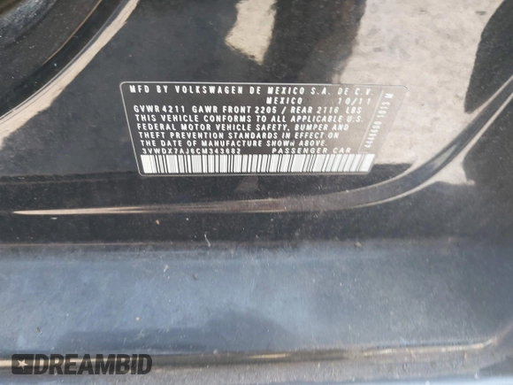 2012 Volkswagen Jetta SE with VIN 3VWDX7AJ6CM343682, listed as a IAAI auction lot 42561217 with 170,257 mi miles and . Bid and sale history available at DreamBid. Image 9.