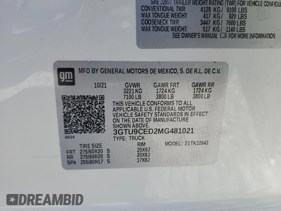 2021 GMC Sierra 1500 Elevation with VIN 3GTU9CED2MG481021, listed as a Copart auction lot 43946165 with 39,820 mi miles and Salvage Title. Bid and sale history available at DreamBid. Image 14.