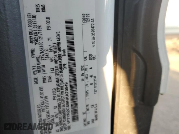 2017 Ford Transit with VIN 1FTYR2CM9HKA70549, listed as a Copart auction lot 47499355 with 82,738 mi miles and Salvage title. Bid and sale history available at DreamBid. Image 14.