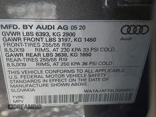 2020 Audi Q7 Premium with VIN WA1AJAF74LD009951, listed as a IAAI auction lot 41418433 with 58,291 mi miles. Bid and sale history available at carsss.com. Image 9.