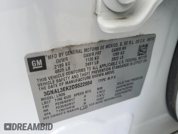 2013 Chevrolet Captiva Sport LT with VIN 3GNAL3EK2DS622984, listed as a Copart auction lot 54199384 with 122,801 mi miles and Salvage Title. Bid and sale history available at DreamBid. Image 13.