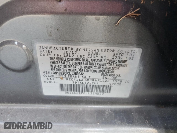 2018 Nissan Note SV с VIN 3N1CE2CP2JL359232, выставлен на аукционе Copart как лот 55364545 с пробегом Не указан миль и На запчасти • Non repairable. История ставок и продаж доступна на DreamBid. Изображение 13.