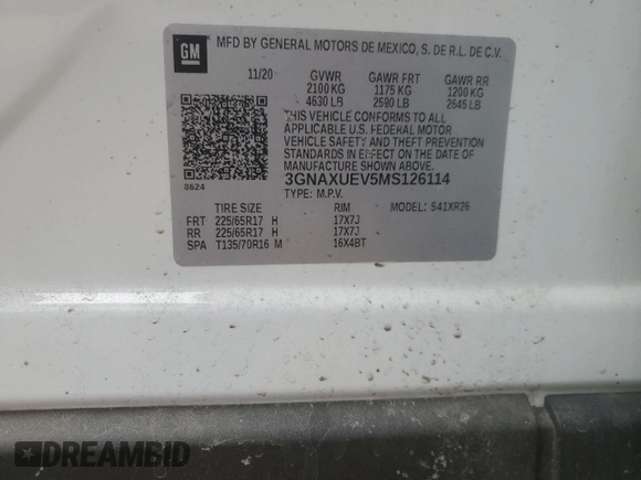 2021 Chevrolet Equinox LT with VIN 3GNAXUEV5MS126114, listed as a Copart auction lot 50019885 with 88,859 mi miles and Salvage Title. Bid and sale history available at DreamBid. Image 13.