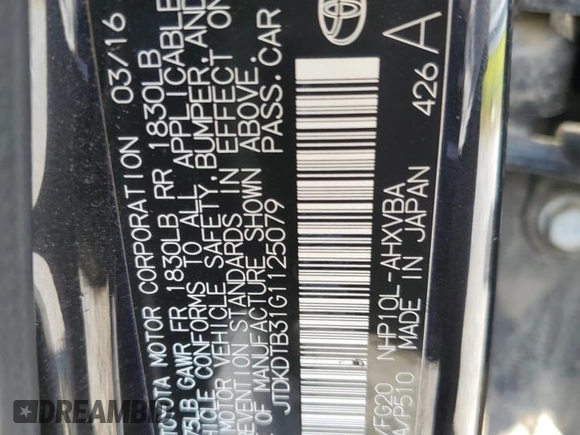 2016 Toyota Prius One with VIN JTDKDTB31G1125079, listed as a Copart auction lot 54348785 with 105,312 mi miles and Clean Title. Bid and sale history available at DreamBid. Image 12.