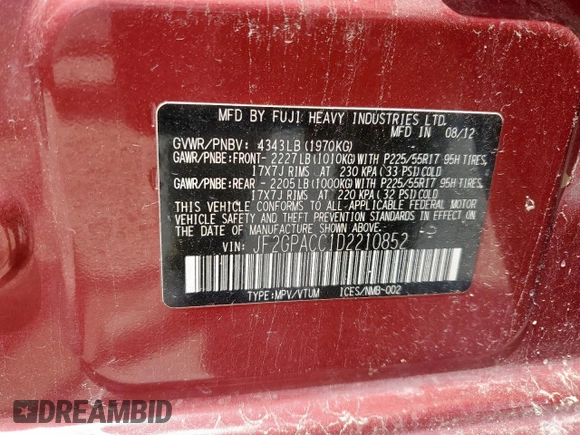 2013 Subaru Crosstrek Premium z VIN JF2GPACC1D2210852, wystawiony jako Copart lot #61370785 z przebiegiem 168 784 mil mil oraz Czysty tytuł • Clean title. Historia ofert i sprzedaży dostępna na DreamBid. Obrazek 13.