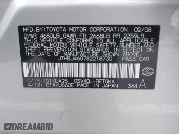 2008 Lexus ES 330 z VIN JTHBJ46G782218730, wystawiony jako IAAI lot #42050613 z przebiegiem 125 938 mil mil oraz . Historia ofert i sprzedaży dostępna na DreamBid. Obrazek 9.