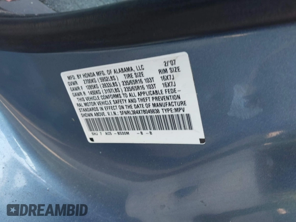2007 Honda Odyssey EX с VIN 5FNRL384X7B049838, выставлен на аукционе IAAI как лот 41686472 с пробегом 267 685 миль миль и . История ставок и продаж доступна на DreamBid. Изображение 9.