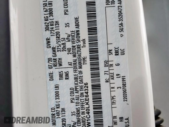 2020 Ford F-150 XL with VIN 1FTEW1C40LKE64326, listed as a Copart auction lot 63694335 with 42,376 mi miles and Salvage title. Bid and sale history available at DreamBid. Image 12.