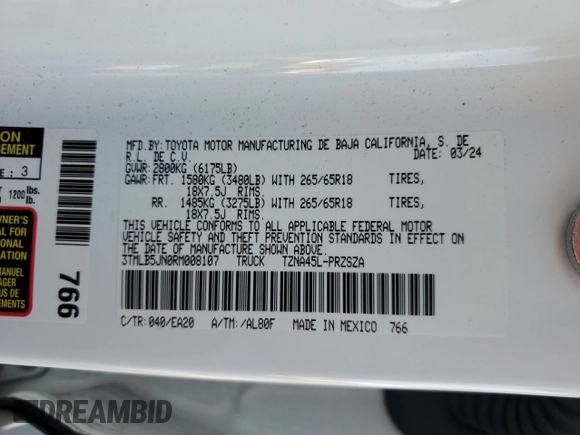 2024 Toyota Tacoma SR5 z VIN 3TMLB5JN0RM008107, wystawiony jako Copart lot #55326695 z przebiegiem 12 722 mil mil oraz Szkoda całkowita • Salvage title. Historia ofert i sprzedaży dostępna na DreamBid. Obrazek 13.