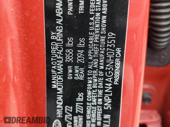2022 Hyundai Elantra SEL with VIN 5NPLN4AG3NH073519, listed as a Copart auction lot 49776585 with 64,573 mi miles and Salvage Title. Bid and sale history available at DreamBid. Image 12.