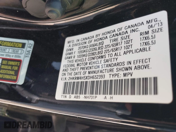 2013 Honda CR-V EX with VIN 2HKRM4H5XDH652393, listed as a IAAI auction lot 42156141 with 256,662 mi miles and . Bid and sale history available at carsss.com. Image 9.