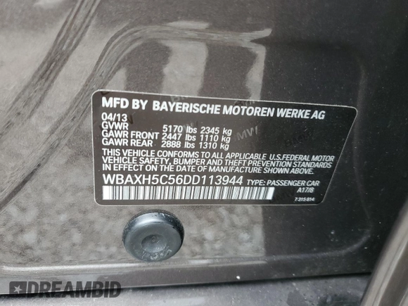 2013 BMW 5 Series 528i xDrive with VIN WBAXH5C56DD113944, listed as a Copart auction lot 60683665 with 15,187 mi miles and Salvage title. Bid and sale history available at DreamBid. Image 12.