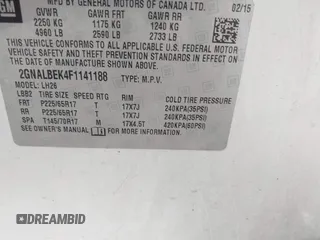 2015 Chevrolet Equinox LT z VIN 2GNALBEK4F1141188, wystawiony jako IAAI lot #42180872 z przebiegiem 130 000 mil mil oraz . Historia ofert i sprzedaży dostępna na DreamBid. Obrazek 9.
