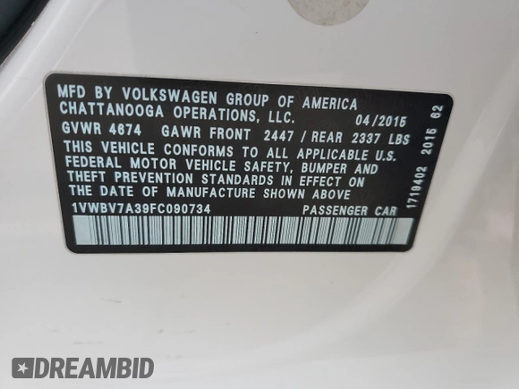 2015 Volkswagen Passat SE с VIN 1VWBV7A39FC090734, выставлен на аукционе Copart как лот 56257835 с пробегом 115 437 миль миль и Списание • Salvage title. История ставок и продаж доступна на DreamBid. Изображение 12.