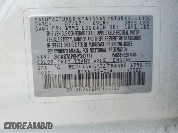 2017 Nissan Sentra SV with VIN 3N1AB7AP6HY363717, listed as a Copart auction lot 61388475 with 76,880 mi miles and Salvage title. Bid and sale history available at DreamBid. Image 12.