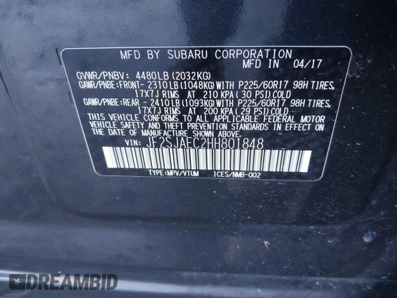 2017 Subaru Forester Premium with VIN JF2SJAEC2HH801848, listed as a IAAI auction lot 41532453 with 60,547 mi miles and . Bid and sale history available at DreamBid. Image 9.