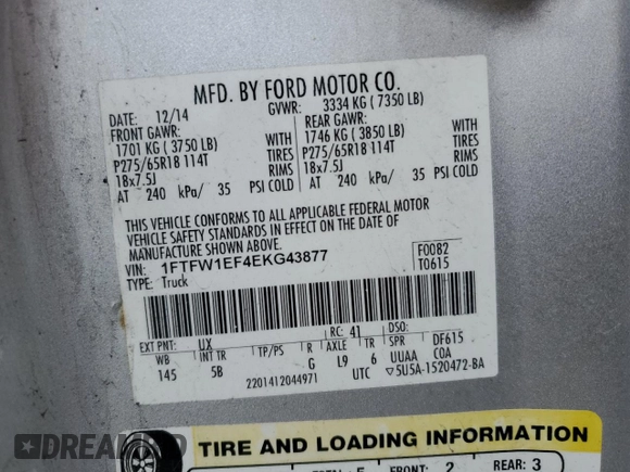 2014 Ford F-150 XL with VIN 1FTFW1EF4EKG43877, listed as a Copart auction lot 55682295 with 166,229 mi miles and Salvage title. Bid and sale history available at DreamBid. Image 12.