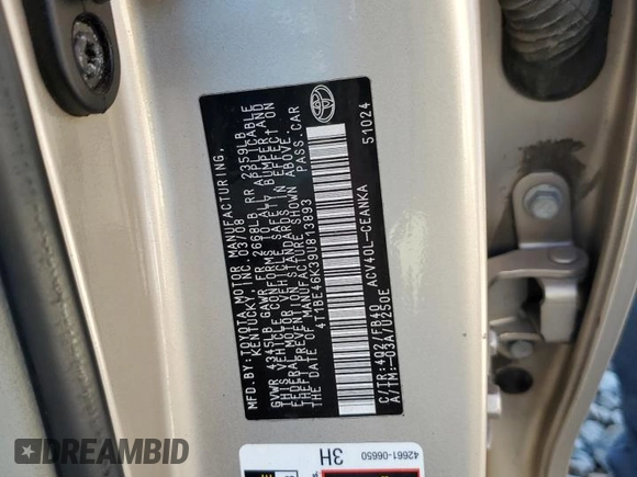 2009 Toyota Camry with VIN 4T1BE46K39U813893, listed as a Copart auction lot 53608825 with 209,225 mi miles and Salvage Title. Bid and sale history available at DreamBid. Image 12.