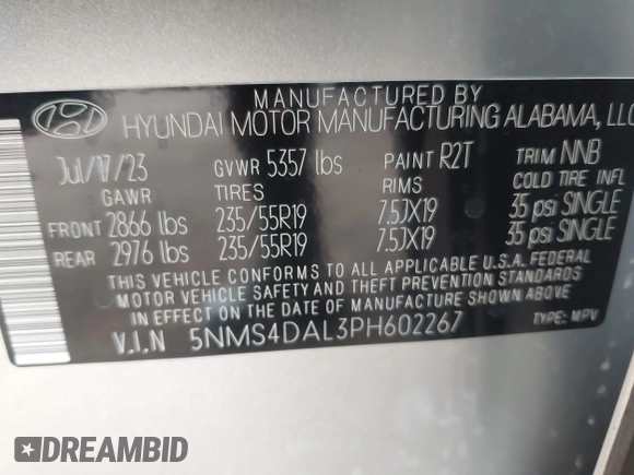 2023 Hyundai Santa Fe Limited with VIN 5NMS4DAL3PH602267, listed as a IAAI auction lot 41915927 with 36,501 mi miles. Bid and sale history available at carsss.com. Image 9.