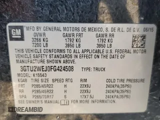 2015 GMC Sierra 1500 Denali with VIN 3GTU2WEJ0FG424508, listed as a Copart auction lot 63301594 with Not Provided miles and Salvage Title. Bid and sale history available at carsss.com. Image 12.