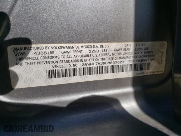 2011 Volkswagen Jetta TDI with VIN 3VWML7AJ9BM637023, listed as a Copart auction lot 53930735 with 215,227 mi miles and Salvage title. Bid and sale history available at DreamBid. Image 12.
