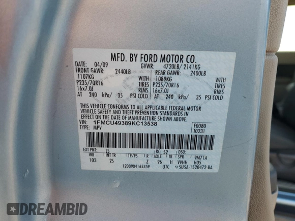 2009 Ford Escape Hybrid z VIN 1FMCU49389KC13538, wystawiony jako Copart lot #47399025 z przebiegiem 343 413 mil mil oraz Szkoda całkowita • Salvage title. Historia ofert i sprzedaży dostępna na DreamBid. Obrazek 13.