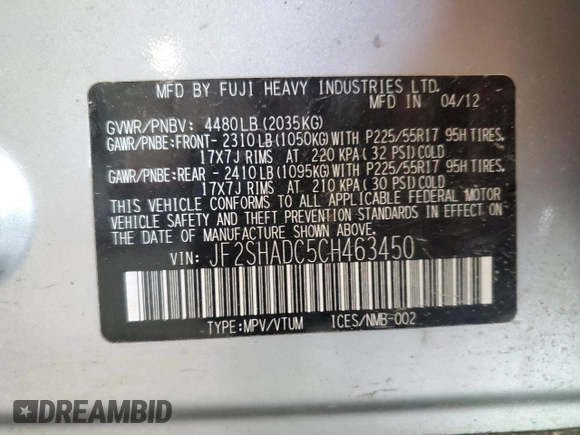 2012 Subaru Forester X Premium with VIN JF2SHADC5CH463450, listed as a Copart auction lot 58466505 with 67,248 mi miles and Salvage title. Bid and sale history available at DreamBid. Image 13.