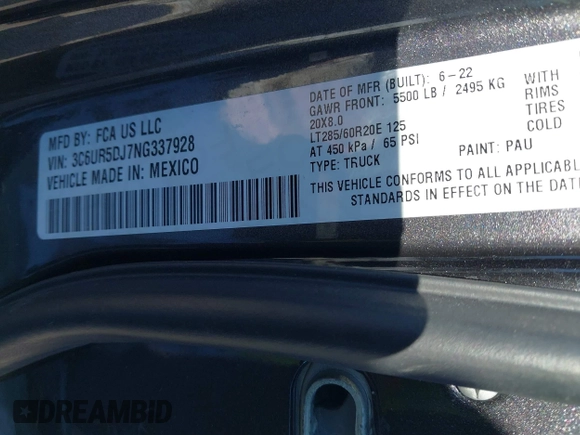 2022 Ram 2500 Big Horn with VIN 3C6UR5DJ7NG337928, listed as a IAAI auction lot 41312397 with 22,085 mi miles. Bid and sale history available at carsss.com. Image 9.