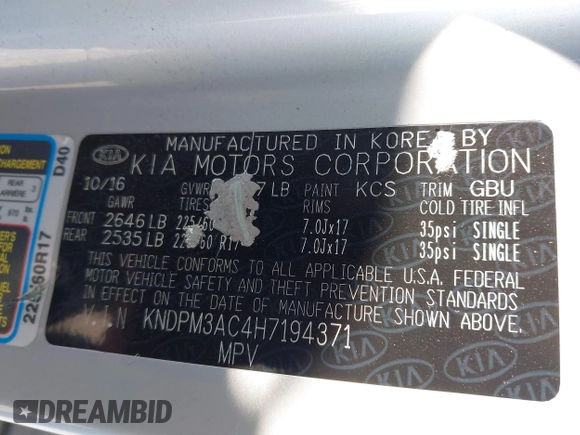 2017 Kia Sportage LX with VIN KNDPM3AC4H7194371, listed as a IAAI auction lot 41774995 with 110,720 mi miles. Bid and sale history available at carsss.com. Image 9.