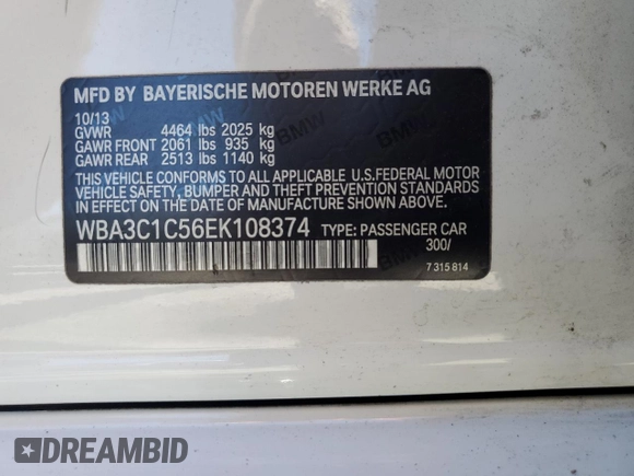 2014 BMW 3 Series 328i with VIN WBA3C1C56EK108374, listed as a Copart auction lot 52902485 with 136,407 mi miles and Salvage Title. Bid and sale history available at carsss.com. Image 12.