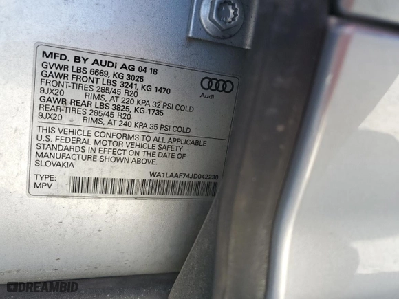 2018 Audi Q7 Premium Plus with VIN WA1LAAF74JD042230, listed as a Copart auction lot 48728025 with 65,699 mi miles and Non Repairable. Bid and sale history available at carsss.com. Image 16.