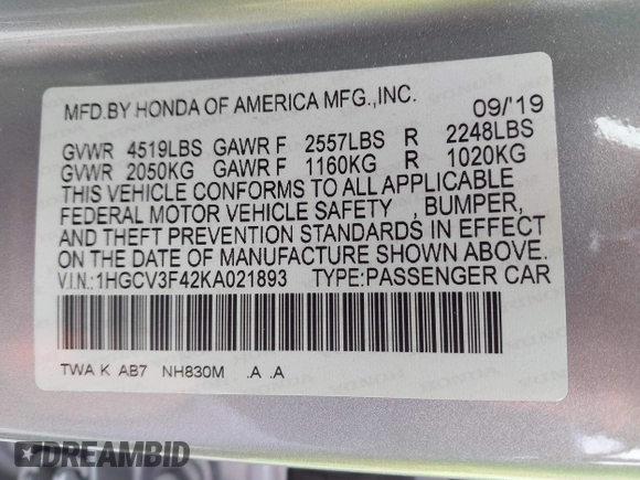 2019 Honda Accord EX with VIN 1HGCV3F42KA021893, listed as a IAAI auction lot 42174613 with 94,061 mi miles and . Bid and sale history available at DreamBid. Image 9.