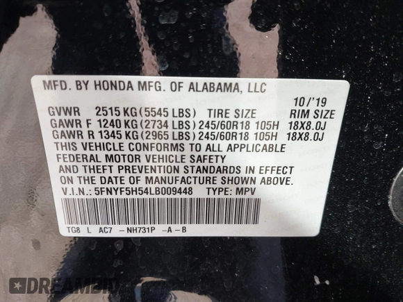 2020 Honda Pilot EX-L with VIN 5FNYF5H54LB009448, listed as a IAAI auction lot 41697106 with 63,310 mi miles. Bid and sale history available at carsss.com. Image 9.
