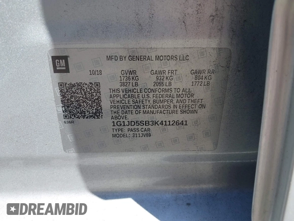 2019 Chevrolet Sonic LT z VIN 1G1JD5SB3K4112641, wystawiony jako IAAI lot #42183793 z przebiegiem 45 418 mil mil oraz . Historia ofert i sprzedaży dostępna na DreamBid. Obrazek 9.
