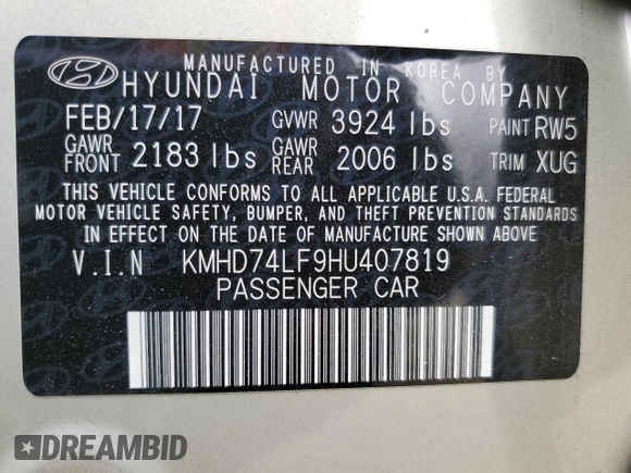 2017 Hyundai Elantra SE with VIN KMHD74LF9HU407819, listed as a Copart auction lot 53100995 with 100,966 mi miles and Salvage title. Bid and sale history available at DreamBid. Image 12.