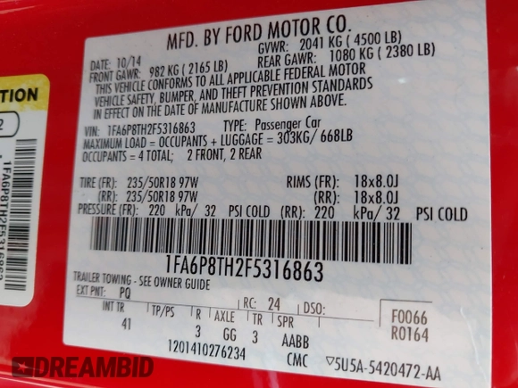 2015 Ford Mustang EcoBoost with VIN 1FA6P8TH2F5316863, listed as a IAAI auction lot 42304178 with 82,911 mi miles and . Bid and sale history available at DreamBid. Image 9.