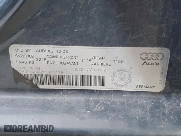 2009 Audi A4 с VIN WAULF68K99N051479, выставлен на аукционе Copart как лот 61142735 с пробегом 218 814 миль миль и Списание • Salvage title. История ставок и продаж доступна на DreamBid. Изображение 12.