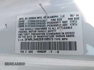 2014 Honda Odyssey EX-L with VIN 5FNRL5H62EB109573, listed as a IAAI auction lot 42387637 with 208,061 mi miles and . Bid and sale history available at DreamBid. Image 9.