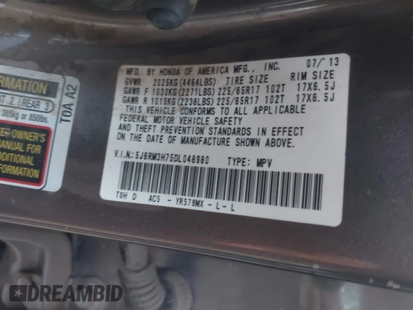 2013 Honda CR-V EX-L with VIN 5J6RM3H75DL048980, listed as a IAAI auction lot 41265422 with 221,519 mi miles and . Bid and sale history available at DreamBid. Image 9.