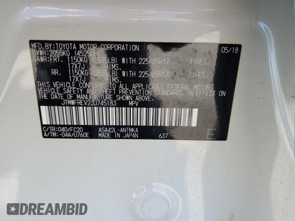 2018 Toyota RAV4 XLE with VIN JTMWFREV2JJ745183, listed as a Copart auction lot 63838185 with Not provided miles and Salvage title. Bid and sale history available at DreamBid. Image 12.